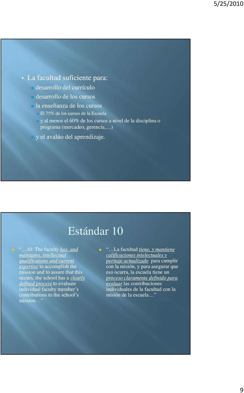 Estándar 10 10: The faculty has, and maintains, intellectual qualifications and current expertise to accomplish the mission and to assure that this occurs, the school has a clearly defined process to