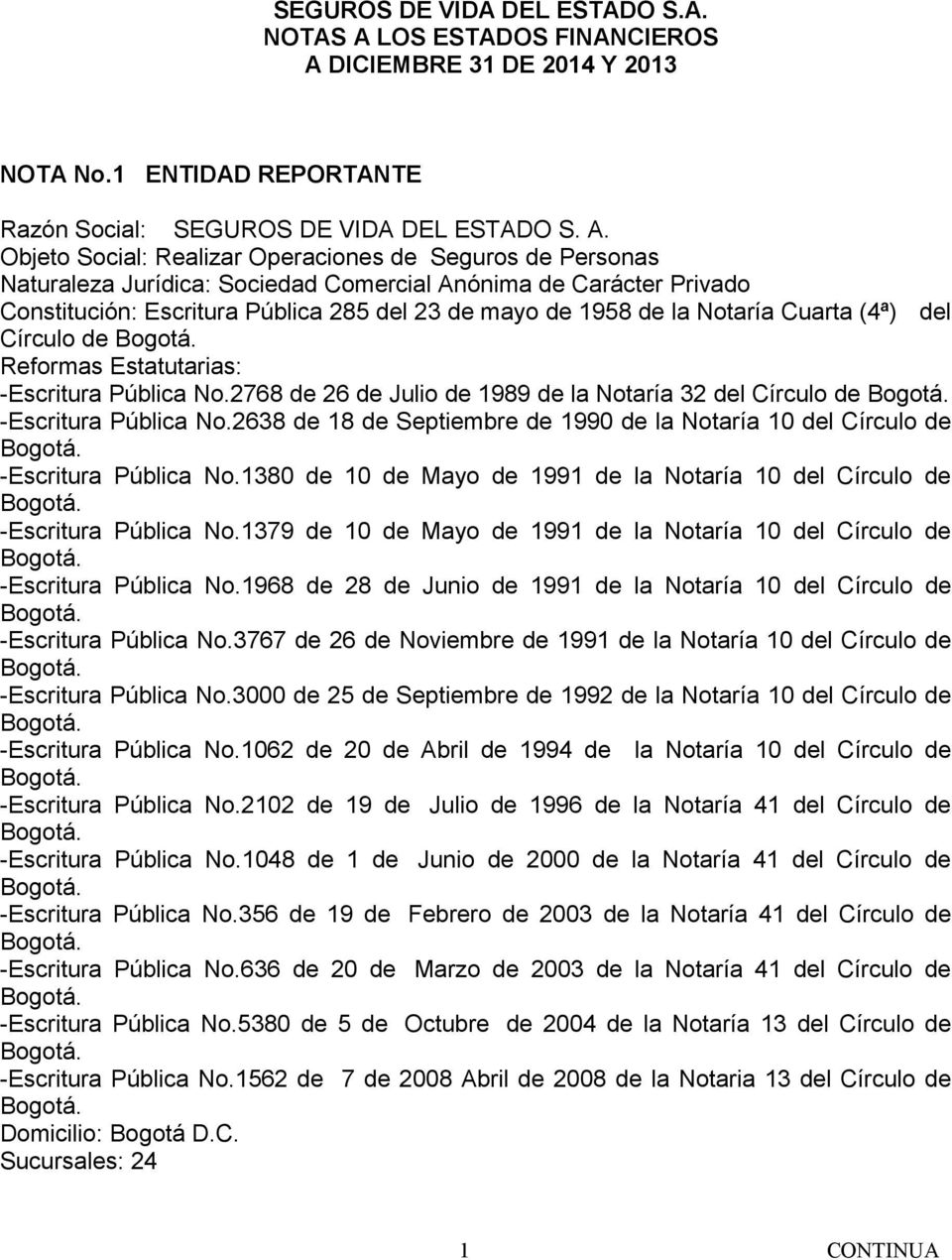 DICIEMBRE 31 DE 2014 Y 2013 NOTA No.1 ENTIDAD REPORTANTE Razón Social: SEGUROS DE VIDA DEL ESTADO S. A.