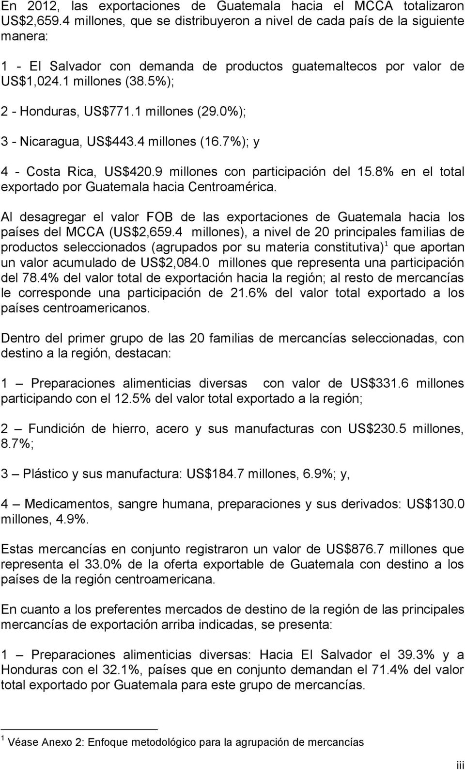 1 millones (29.0%); 3 - Nicaragua, US$443.4 millones (16.7%); y 4 - Costa Rica, US$420.9 millones con participación del 15.8% en el total exportado por Guatemala hacia Centroamérica.