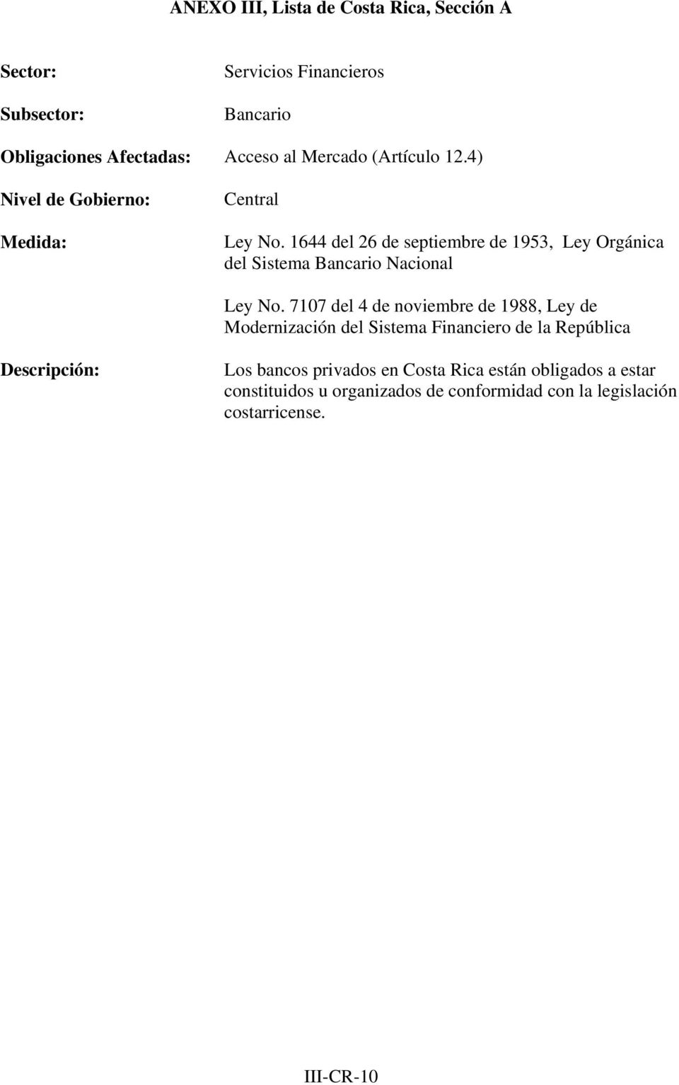 7107 del 4 de noviembre de 1988, Ley de Modernización del Sistema Financiero de la República