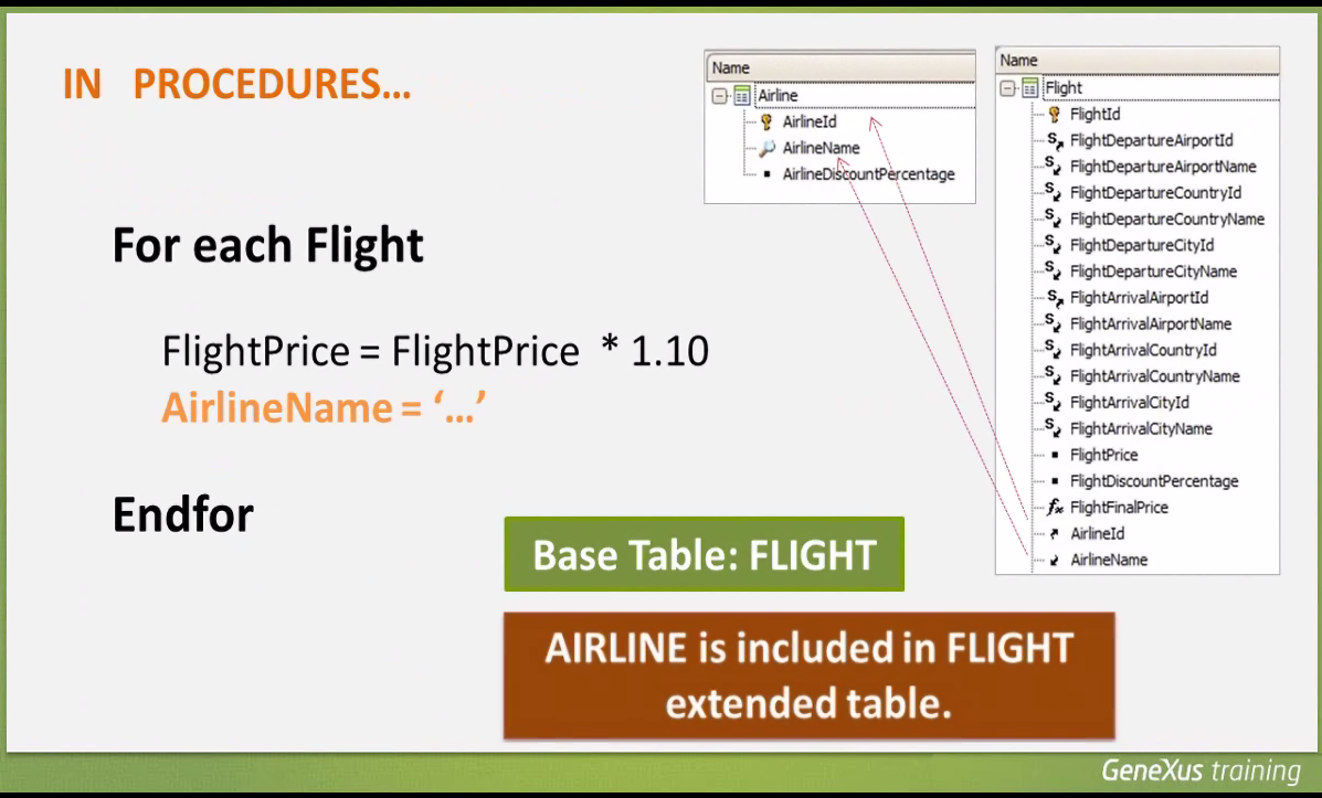 pero también puede modificar toda la tabla extendida de dicha tabla base. En este ejemplo, la tabla base del For each es Flight.