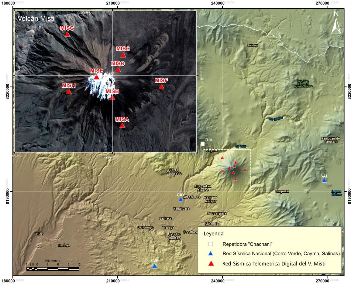 Figura 1.- Distribución de la actual Red Sísmica Telemétrica Digital Permanente del Volcán Misti (triángulos rojos).