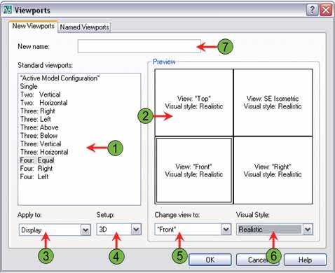 Caja de Diálogo Viewports Siguiendo el típico flujo de trabajo, primero muestra la Caja de Diálogo Viewports, y luego configura el número de viewports a mostrar, la orientación de la vista, y el