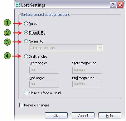 Opciones de Transición en la Caja de Diálogo Loft Settings Seleccione de una de las cuatro opciones para controlar la transición cuando usa la opción Cross-Sections Only.