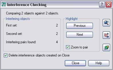 Caja de Diálogo Interference Checking Dentro de la Caja de Diálogo Interference Checking, puede ver cuántos sólidos estaban en los primeros y segundos conjuntos de selección y cuantos pares de