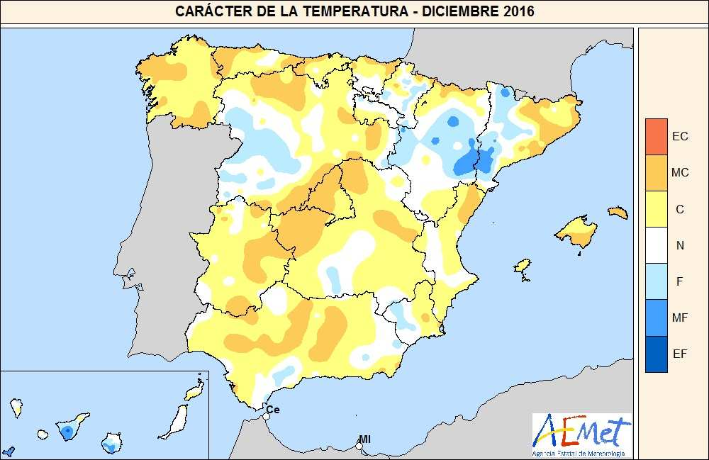 METEOROLOGÍA Y CLIMATOLOGÍA Temperatura El mes de diciembre ha tenido en conjunto un carácter cálido, con una temperatura media sobre España de 8,6º C, valor que queda 0,6º C por encima de la media