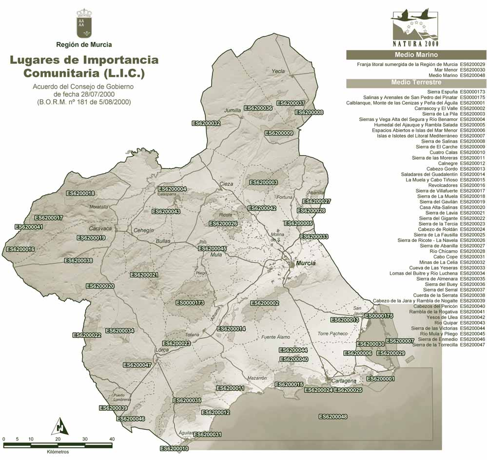 Mapa 1. Lugares de Importancia Comunitaria (LICs) en la Región de Murcia. 18% regional, con 22 Zonas de Especial Protección para las Aves.