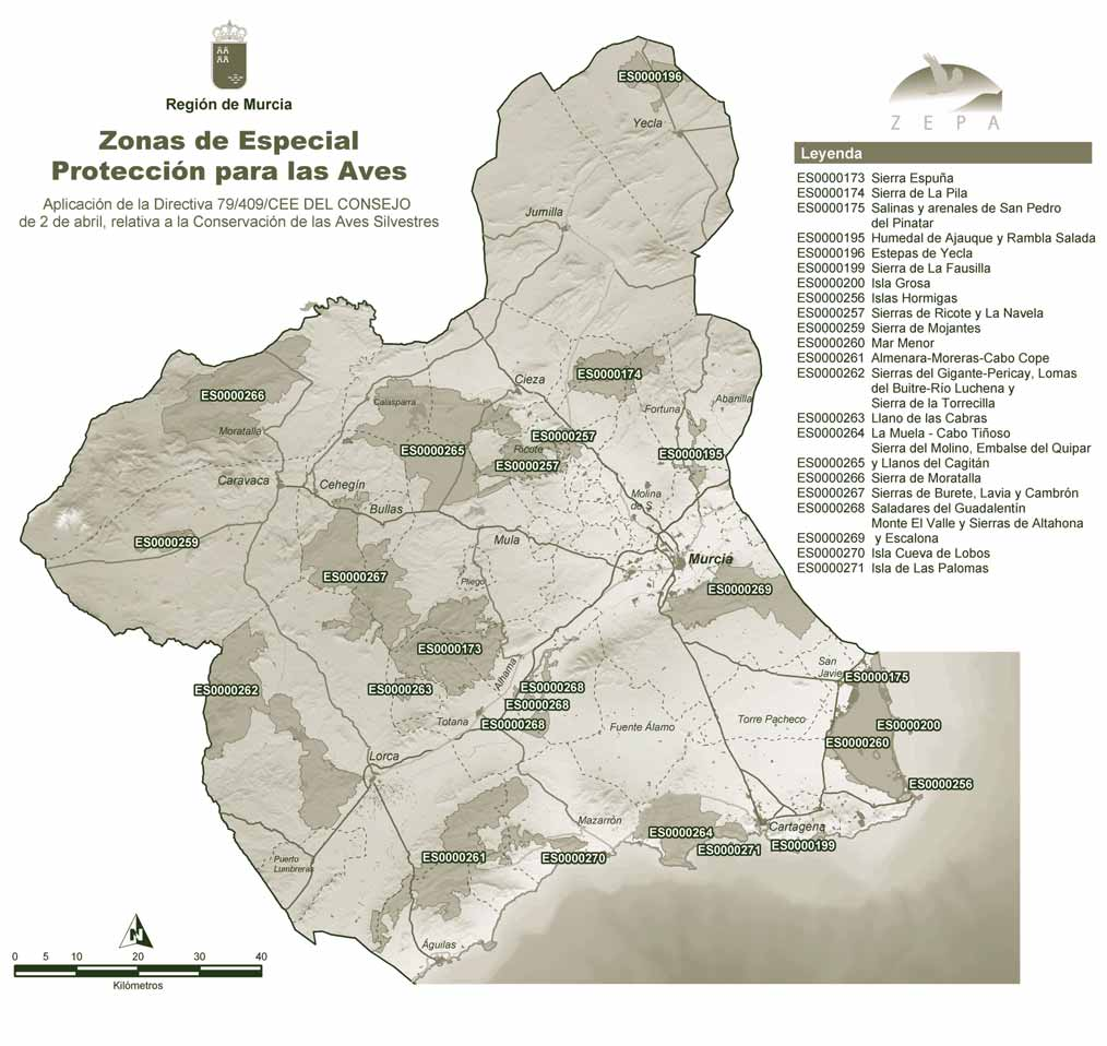 Mapa 2. Zonas de Especial Protección para las Aves (ZEPAs) en la Región de Murcia.