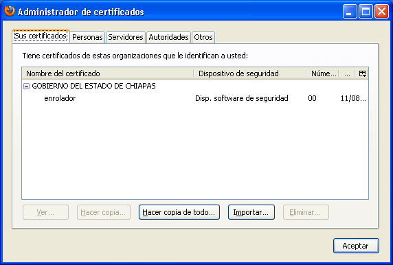 Importación de los Certificados en el navegador Mozilla La ruta para llegar al administrador de certificados de Mozilla en Windows es: Herramientas Opciones Avanzado Cifrado Ver certificados.