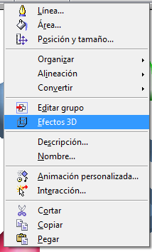 Para editar los valores de configuración de cualquiera de estos objetos debemos seleccionarlo y hacer clic con el botón derecho. En el menú contextual seleccionamos Efectos 3D.