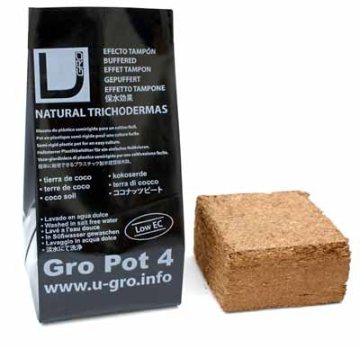 UGro Pot4 UGro Pot4 es una bolsa-maceta flexible que contiene un ladrillo de coco deshidratado de 500g compuesto de 40% de turba de coco, 30% de fibras y 30% de chips.