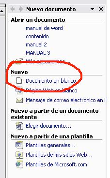 Manual Word XP MENÚ ARCHIVO A ) CREAR UN DOCUMENTO Al iniciar Word aparecerá en pantalla un documento nuevo en blanco. Este documento se llamará, por defecto, Documento1.doc.(Fig. 1).