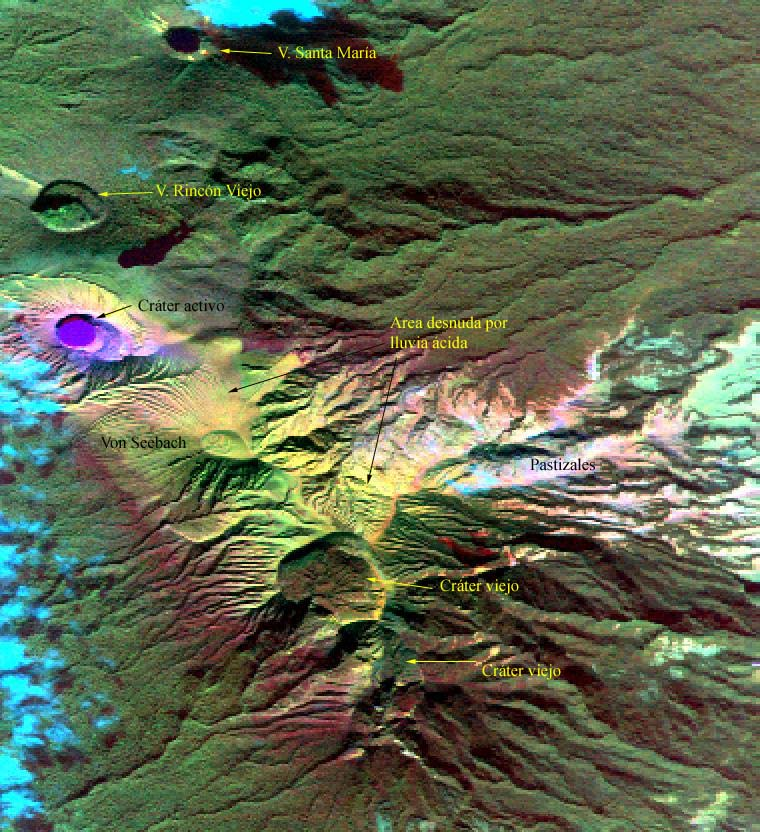 Fig 4. Imagen satelital con color falso mostrando el sector mas afectado por acidificación en la cima y alrededores del macizo del V Rincón de la Vieja. (Cenat-Prias).