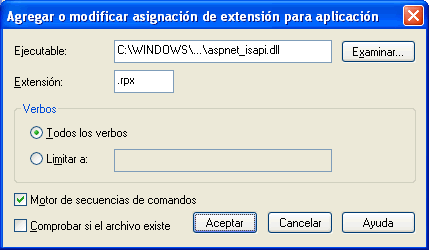 Ejecutable. Pegue la dirección copiada del ejecutable. Ejemplo: C:\WINDOWS\Microsoft.NET\Framework\v4.0.30319\aspnet_isapi.dll. Extensión. Escriba el nombre ".rpx". Comprobar si el archivo existe.
