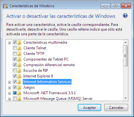Una vez seleccionada la opción antes descrita aparecerá la pantalla Características de Windows, en la