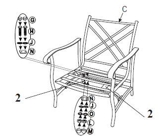 Paso 4: Gire el armazón de base a la posición vertical. Coloque el asiento y respaldo (C) sobre las placas de acero () de la barra U (D).