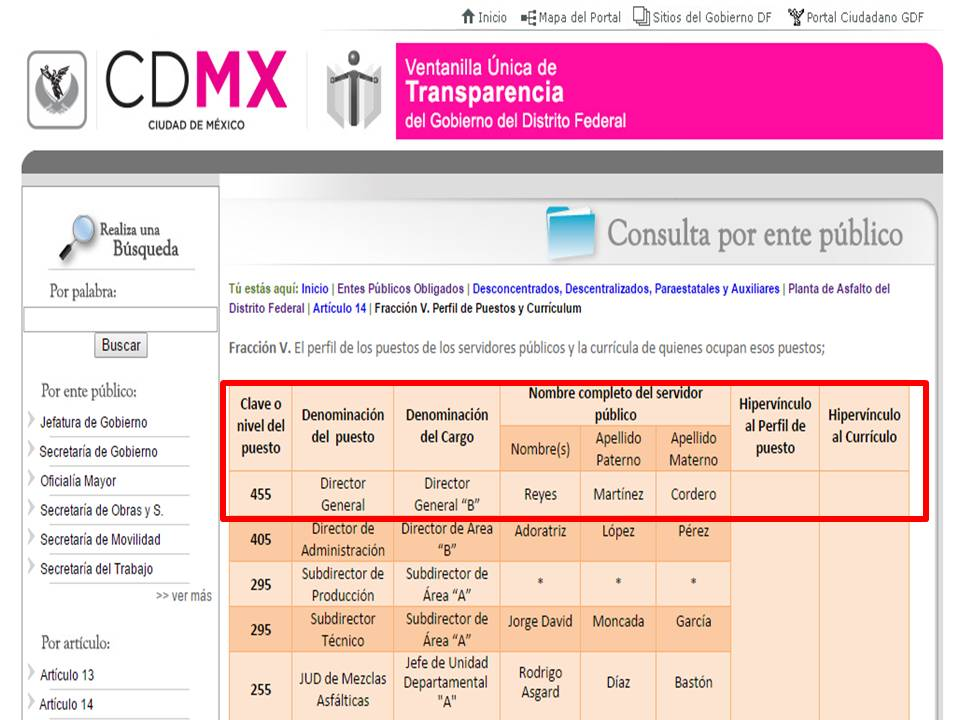 link:http://www.transparencia.df.gob.mx/wb/vut/fraccion_v_perfil_de_puestos_y_curriculu m_planta, para que pudiera accesar.