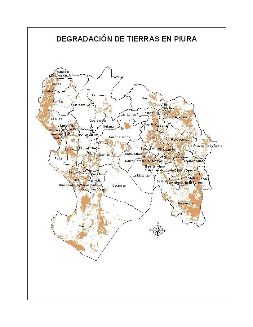 El primero de ellos muestra la degradación de tierras en Piura, tal como ha sido considerada en la Zonificación Ecológica Económica realizada por el Gobierno Regional de Piura.