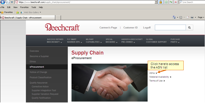 Acceso a eprocurement Para acceder a las herramientas de eprocurement en el sitio Web de Beechcraft necesita ir a la pægina de eprocurement dentro de la secci n de la cadena de suministro del sitio.