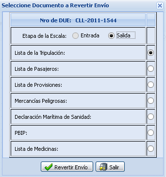 Como ejemplo de aplicación se tomará como ejemplo la DUE CLL 2011 01233 tal como se muestra en la figura anterior. Figura 71. Menú Revertir envío doc.