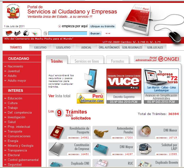 ADMINISTRAMOS EL PSCE www.tramites.gob.pe 36594 TRÁMITES PUBLICADOS DE 376 ENTIDADES.