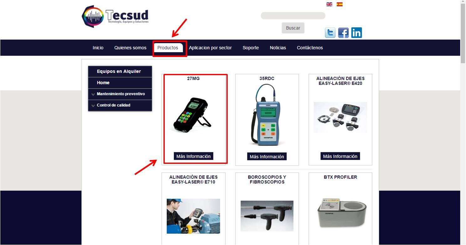 2. Haciendo clic en el botón Productos, puede ubicar el producto o concepto de su preferencia que desea comprar o pagar. 4. Sección Productos de sitio web Tecsud S.A.S. 3.