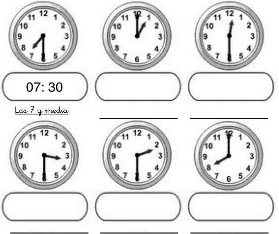 Observa y escribe qué hora es. Contesta lo siguiente. a) 2 horas = minutos. b) 3 minutos= segundos. c) 72 horas = días. d) 35 días = semanas. e) 1 