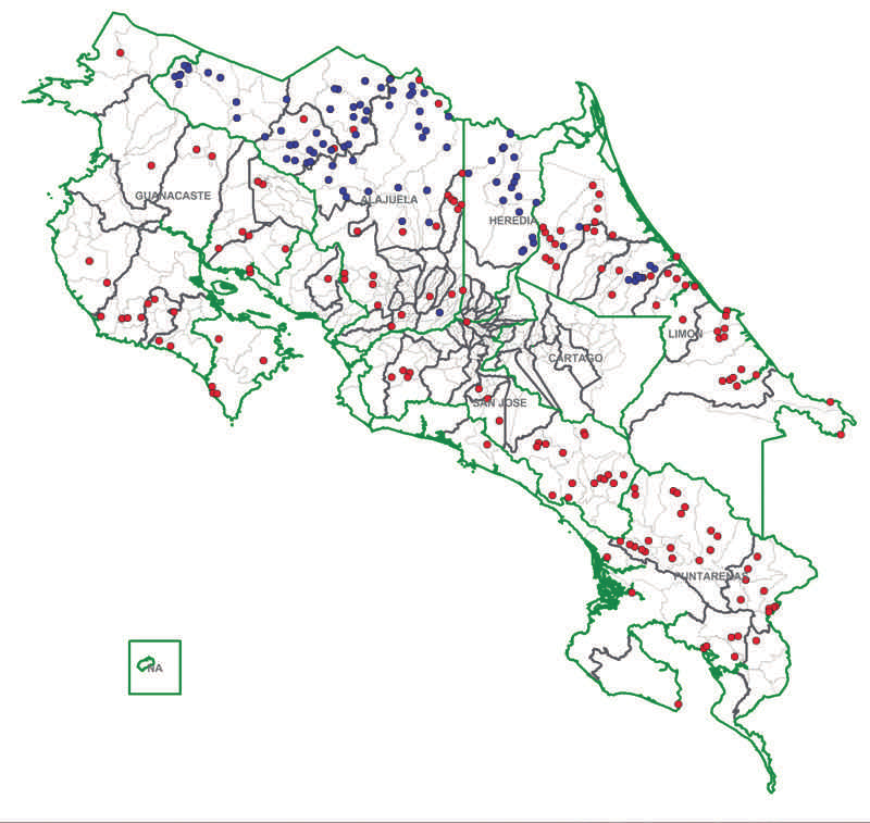 En el siguiente mapa se muestra una comparación entre los poblados incluidos en los 3 primeros proyectos formulados (con puntos en azul) y los poblados por incluir en los próximos proyectos que se
