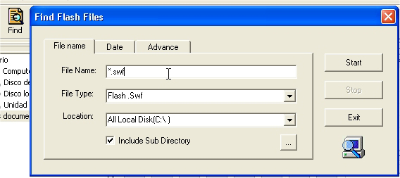 6 3. En la lista File Type selecciona el formato SWF, EXE o ambos. 4. Despliega Location (Ubicación) para especificar la carpeta donde buscar o pincha en el botón.