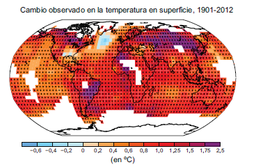 1.3 EFECTOS DEL CAMBIO CLIMATICO: Temperatura La parte continental se ha calentado más que los océanos La temperatura en la región Ártica ha aumentado 2-3 ºC en los