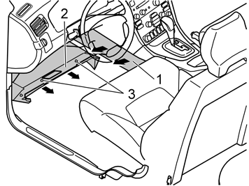Conecte el cable al mazo (2). Una el cable con una abrazadera al haz de cables, junto a la viga de la fijación de asiento (3) y el montante de puerta delantero (3).