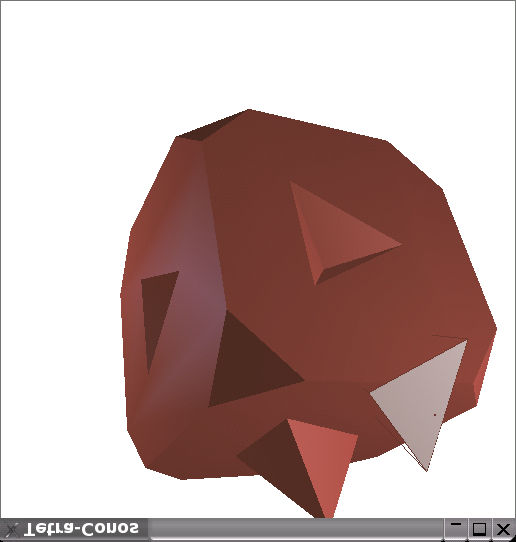 21: Detección de colisión punto/poliedro. Se muestra el tetraedro envolvente asociado al tetra-cono en el que se encuentra el punto.