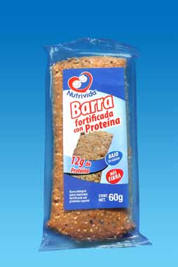 Barra fortificada con proteína 60 g Producto elaborado para aportar energía a partir de hidratos de carbono, grasa, proteína de origen vegetal.