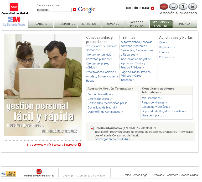 Comunidad de Madrid Trámites online: Presentar solicitudes y formularios sobre procedimientos administrativos. Realizar pagos de tasas y precios públicos.