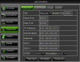 DVR Einstellungen Netzwerk Parameter Die Standard-Einstellung des DVR bei der Netzwerk-Konfiguration ist DHCP (Automatisches Beziehen einer IP-Adresse): a) Wenn das Netzwerk in welchem der DVR