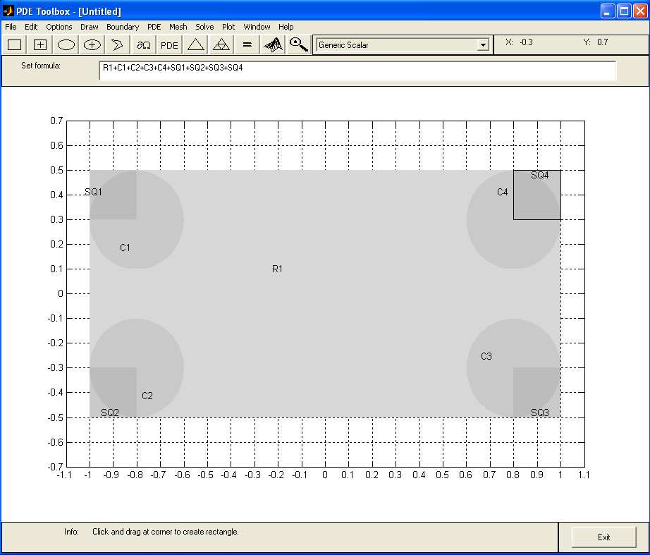 248 Matlab PDE toolbox E.3.1 Creando esquinas redondeadas Inicia la interfaz gráfica y activa la propiedad de la rejilla snap-to-grid localizada dentro del menú Options.