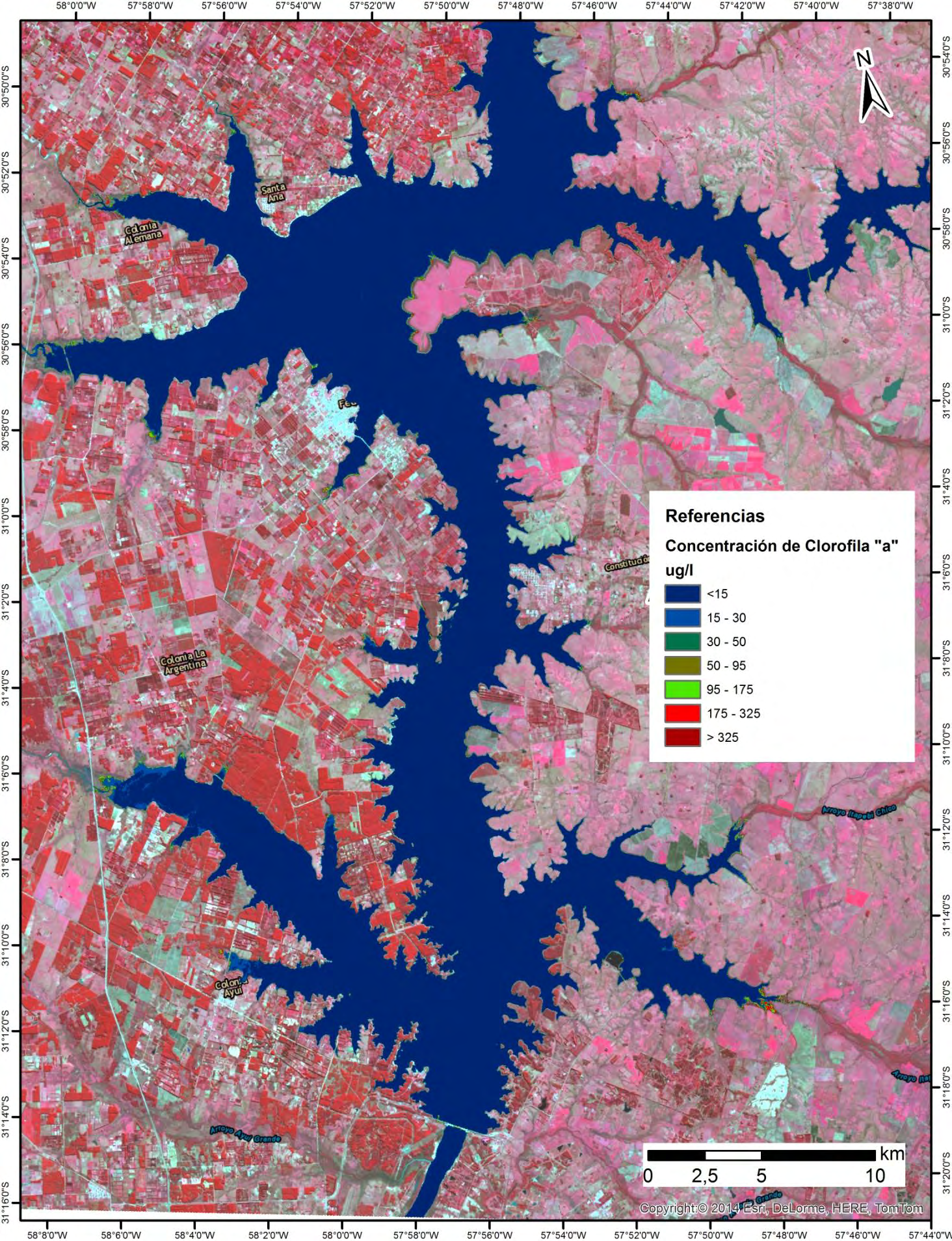 Concentración de Clorofila a de las aguas del Río Uruguay obtenida a partir de la imagen Landsat 8 OLI del 13/08/2014.