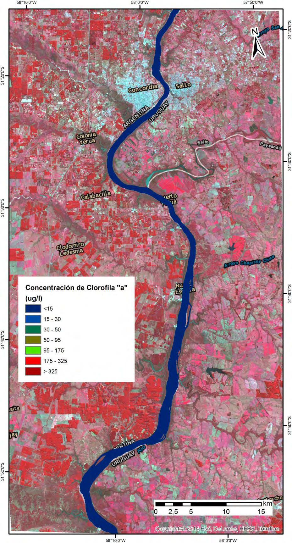 Concentración de Clorofila a de las aguas del Río Uruguay obtenida a partir de la imagen Landsat 8 OLI del