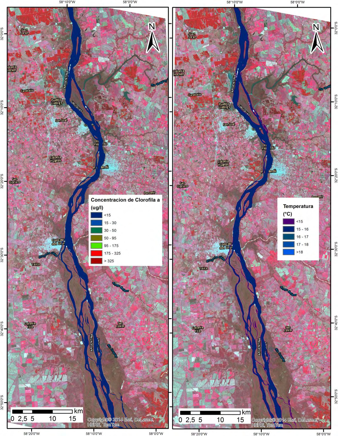 A. Concentración de Clorofila a de las aguas del Río Uruguay en la Zona 4 y B. Temperatura ( C) de las aguas del Río Uruguay en la Zona 4 obtenida a partir de la imagen Landsat 8 OLI del 13/08/2014.