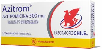 500 (41%) 1 cajas del bioequivalente de marca AZITROM Bioequivalente Genérico: Claritromicina, Lab Chile, 500 mg, 3 Comp. Recubiertos Máximo ahorro posible: $12.890 (1.