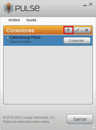 Pulse de la barra de tareas o en la ruta: Todos los programas Juniper Networks Junos Pulse Junos Pulse 1 Pulsar el botón (Agregar conexiones):