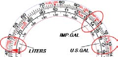 3 liters on the inner scale. Fuel [Example] Convert 16.8 U.S. gallons into and IMP. gallons and liters. [Operation] Align 16.8 on the inner scale with U.S. GAL on the outer scale. Then, IMP.