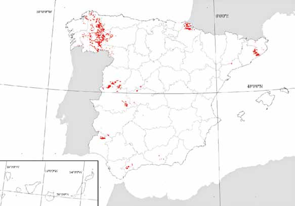 9 9260 Castañares 9.3 Distribución geográfica Distribución estimada del tipo de hábitat 9260 en España. Datos del Atlas de los Hábitat de España, marzo de 2005.