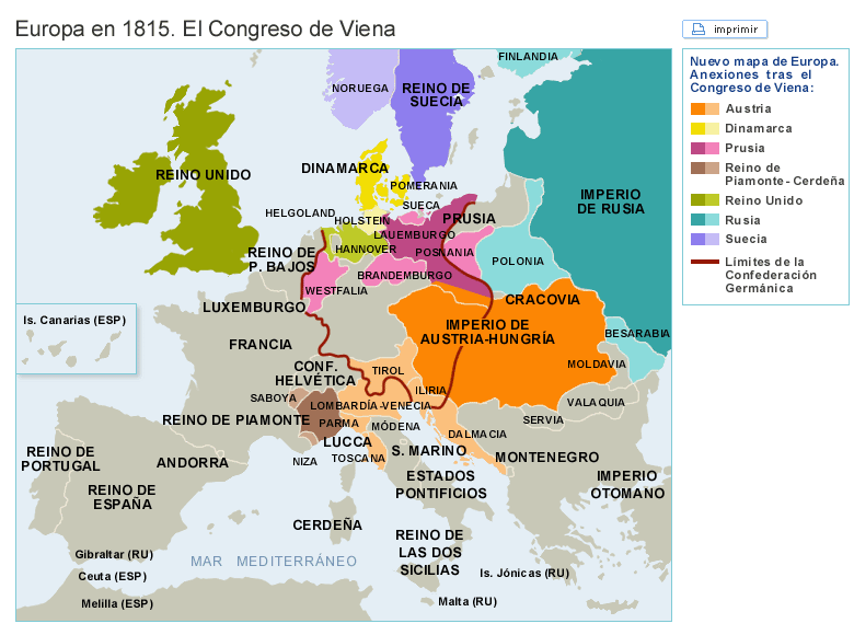 (MAPA DE EUROPA DESPUÉS DEL CONGRESO DE VIENA) 4. ESPAÑA (1814-1833): EL REINADO DE FERNANDO VII Fernando VII vuelve a España 1814. El deseado. Es un rey débil.
