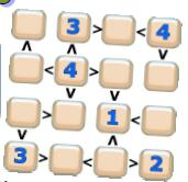 16.- SIMIDUKO Completa este simiduko con los números de1 al 4sin que se repitan en una misma fila y columna. El número que queda en la boca de los signos que señala la punta.