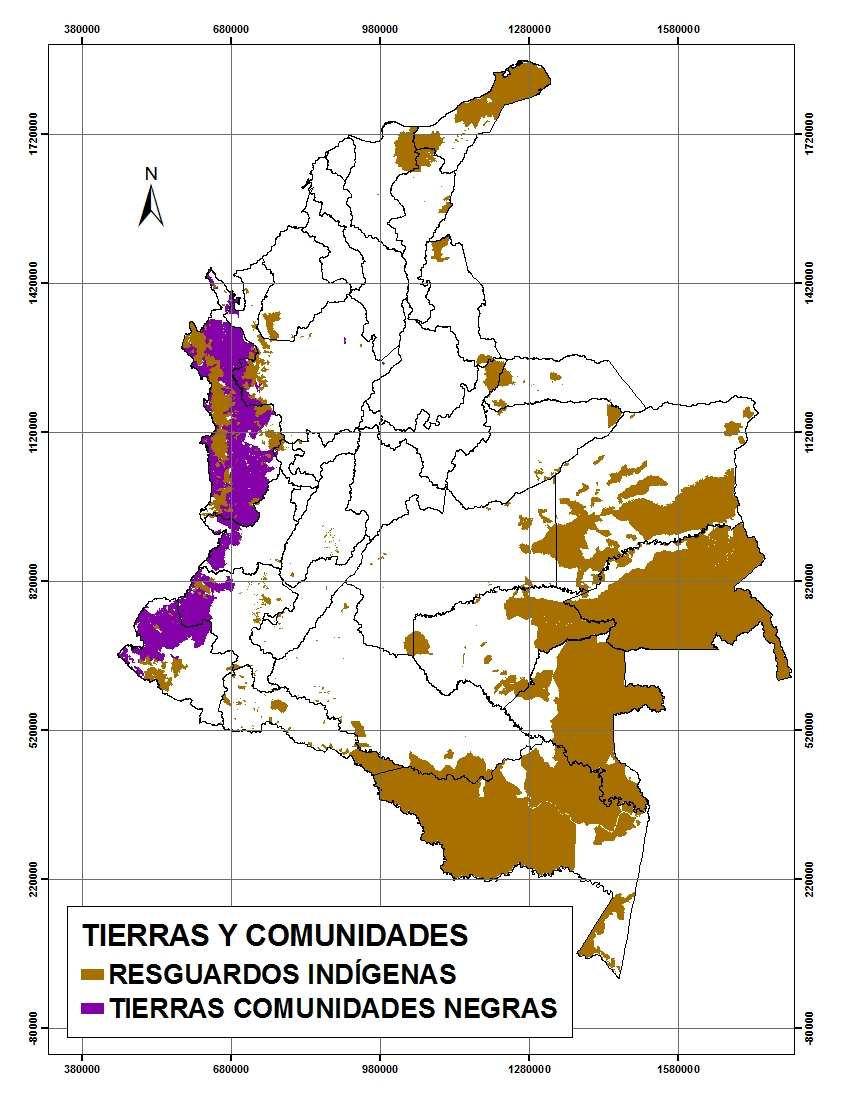 El territorio Colombiano Mapa de Resguardos Indígenas y Comunidades Negras Descripción ÁREA (ha) % Área Nacional Resguardos Indígenas 30.554.254 27% Comunidades Negras 5.182.