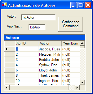 7 Ejemplo. Crear un DataSet con la tabla Authors de Biblio.mdb y mostrar los autores en un DataGrid. Utilizando un DataAdapter Imports System.Data.OleDb Public Class Form1 Inherits System.Windows.