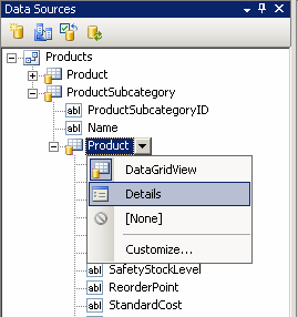 3. Arrastre la tabla ProductSubcategory hacia el formulario y ubique los dos controles según la siguiente figura.