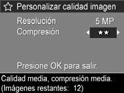 En el submenú Personalizar calidad imagen, el ajuste predeterminado Resolución es 5 MP (resolución completa) y el ajuste predeterminado Compresión es (compresión media).