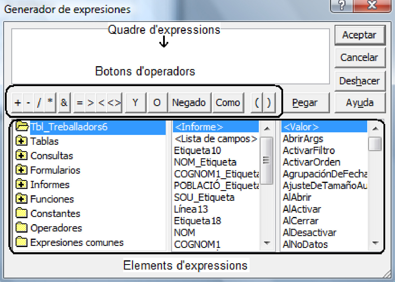 4 El Generador d expressions consta de tres seccions: Quadre d expressions: és l apartat on es genera l expressió.